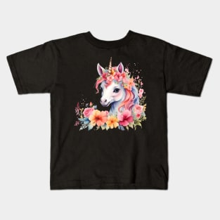 A unicorn decorated with beautiful watercolor flowers Kids T-Shirt